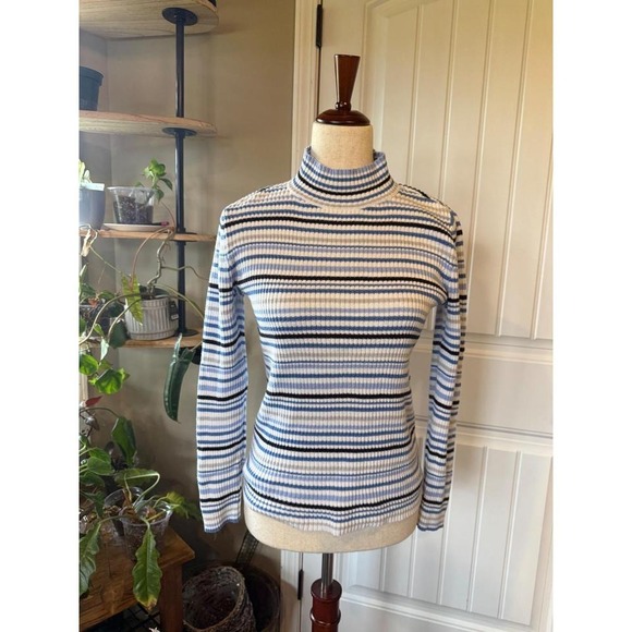 Sweaters - Studio Works Blue White Black Striped Mock Neck Long Sleeve Knit Sweater Size S